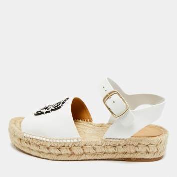Pre Owned Loewe Anagram Size 38 White Canvas and Leather Espadrille Ankle Strap Sandals