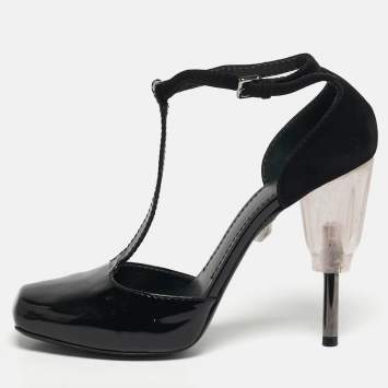 Pre Owned Loewe Size 40 Black Patent Leather and Suede T-Strap Pumps