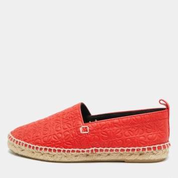 مملوكة مسبقًا Loewe Size 37 Red Logo Embossed Leather Espadrille Flats