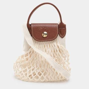 Pre Owned Longchamp White/Brown Crochet and Leather Le Pliage Filet Crossbody