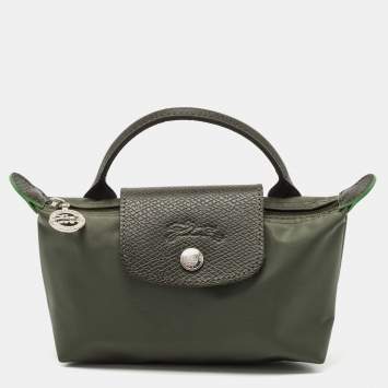 Pre Owned Longchamp Olive Green Leather and Nylon Le Pliage Pouch 