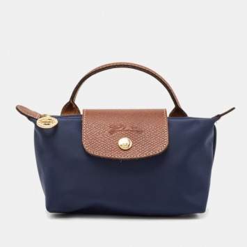 Pre Owned Longchamp Navy Blue Leather and Nylon Le Pliage Pouch 