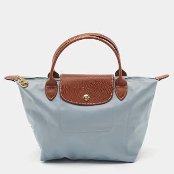 Longchamp Light Blue/Brown Nylon Small Short Le Pliage Tote