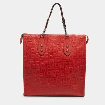 Pre Owned Longchamp Red Monogram Embossed Leather La Voyageuse Vertical Tote