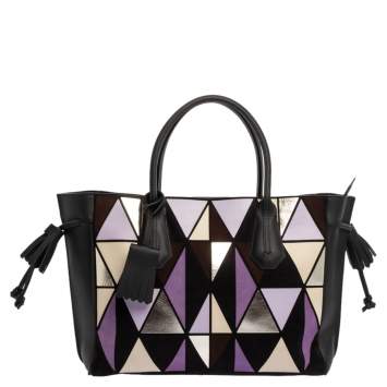 Pre Owned Longchamp Black/Multicolor Leather and Suede Medium Penelope Arty Tote