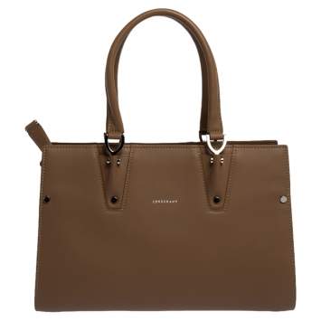 Pre Owned Longchamp Taupe Leather Small Paris Premiere Tote