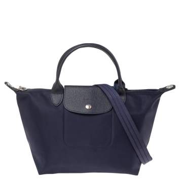 Pre Owned Longchamp Navy Blue Nylon and Leather Small Le Pliage Tote