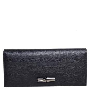 Pre Owned Longchamp Black Textured Leather Flap Continental Wallet 