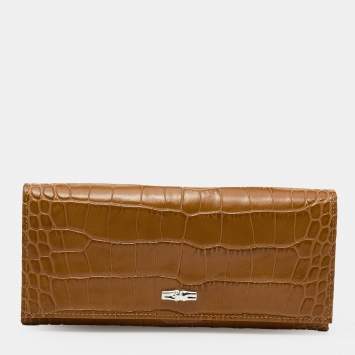 Pre Owned Longchamp Brown Croc Embossed Leather Roseau Continental Wallet 