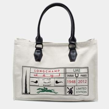 Pre Owned Longchamp White Leather And Canvas Tote