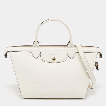 Pre Owned Longchamp Off White Leather Le Pliage Heritage Tote