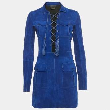 Pre Owned Longchamp Blue Suede Lace-Up Mini Dress S
