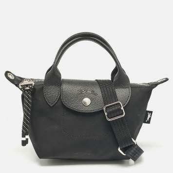 Pre Owned Longchamp Black Leather and Nylon Le Pliage Crossbody Bag