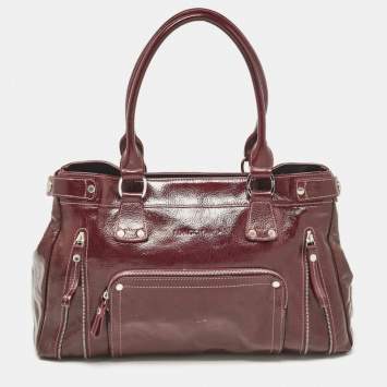 Pre Owned Longchamp Burgundy Patent Leather Front Pocket Tote