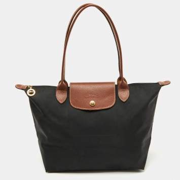 Pre Owned Longchamp Black/Brown Nylon and Leather S Le Pliage Tote