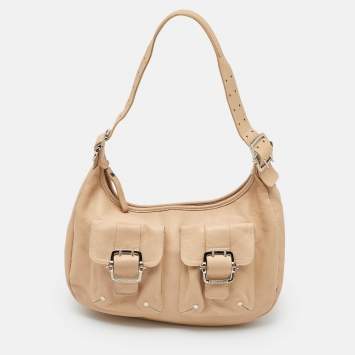 Pre Owned Longchamp Beige Leather Front Double Pocket Shoulder Bag