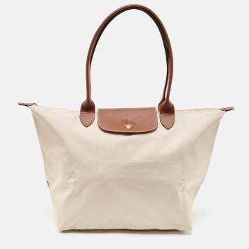 Pre Owned Longchamp Light Beige/Brown Nylon Large Le Pliage Tote