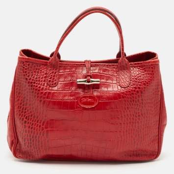 Pre Owned Longchamp Red Croc Embossed Leather Roseau Tote