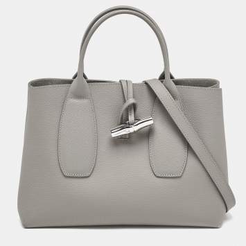 Pre Owned Longchamp Grey Leather Roseau Tote