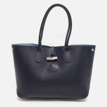 Pre Owned Longchamp Navy Blue Leather Roseau Tote