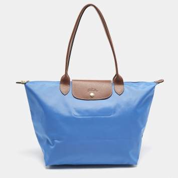 Longchamp Blue/Brown Nylon Large Le Pliage Tote