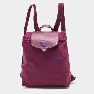 Pre Owned Longchamp Purple Leather and Nylon Flap Backpack