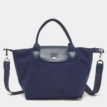 Pre Owned Longchamp Navy Blue Leather Le Pliage Tote