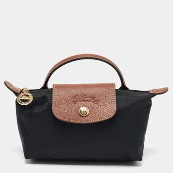 Pre Owned Longchamp Black/Brown Leather and Nylon Le Pliage Pouch