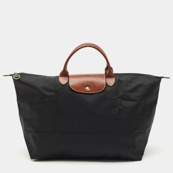 Pre Owned Longchamp Black/Brown Nylon and Leather Large Le Pliage Travel Bag