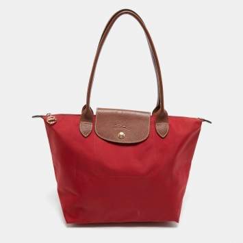Pre Owned Longchamp Red/Brown Nylon Small Le Pliage Tote