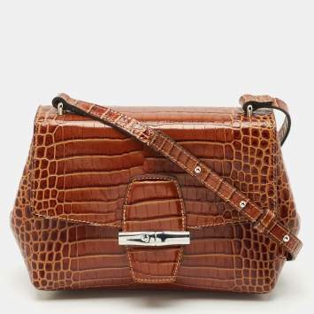 Pre Owned Longchamp Brown Croc Embossed Leather Roseau Crossbody Bag