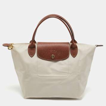 Pre Owned Longchamp Beige/Brown Nylon and Leather Small Short Le Pliage Tote