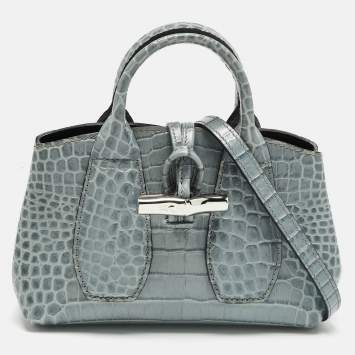 Pre Owned Longchamp Blue Croc Embossed Leather Roseau Crossbody Bag