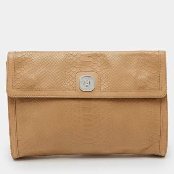 Pre Owned Longchamp Beige Croc Embossed Leather Oversized Clutch