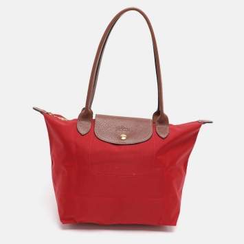 Pre Owned Longchamp Red/Brown Nylon Small Le Pliage Tote