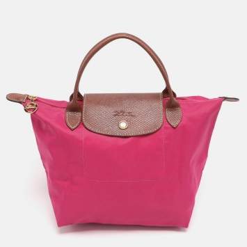 Pre Owned Longchamp Pink/Brown Nylon and Leather Small Short Le Pliage Tote