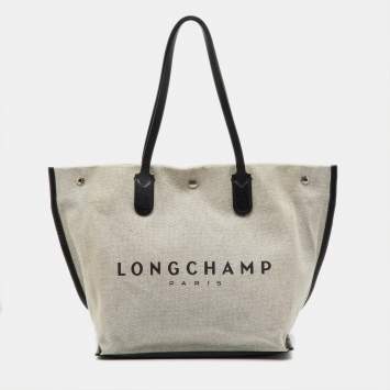 Pre Owned Longchamp White/Black Canvas and Leather Large Essential Tote