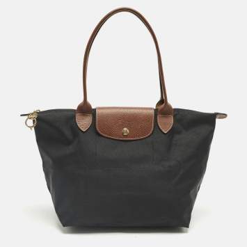 Pre Owned Longchamp Black/Brown Leather and Nylon Le Pliage Tote