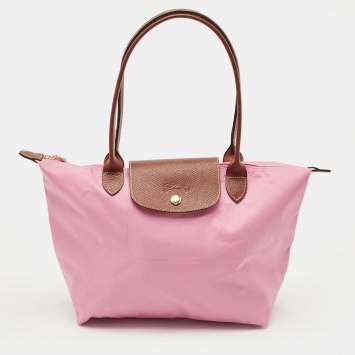 Pre Owned Longchamp Le Pliage Pink/Brown Leather and Nylon Tote