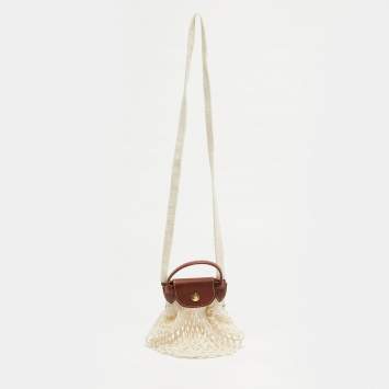 Pre Owned حقيبة كروس لونشان لي بلاج صغيرة جلد بني وأبيض شبكي