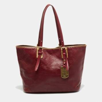 Pre Owned Longchamp LM Cuir Burgundy/Gold Logo Embossed Leather Tote