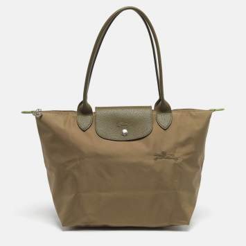 Pre Owned Longchamp Le Pliage Medium Olive Green Nylon Tote