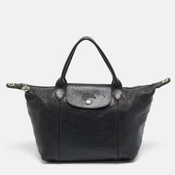 Pre Owned Longchamp Le Pliage Black Leather Tote