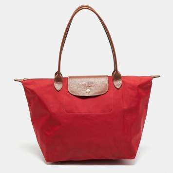Pre Owned Longchamp Le Pliage Medium Red Nylon Tote