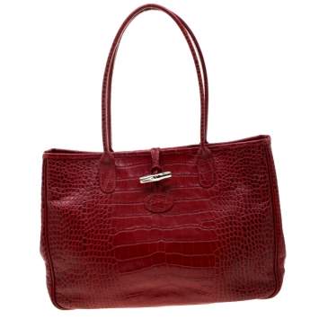 Pre Owned Longchamp Red Croc Embossed Leather Roseau Tote