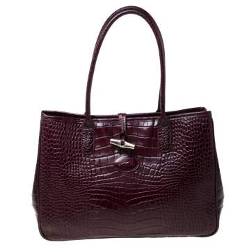 Pre Owned Longchamp Burgundy Crocodile Embossed Leather Roseau Tote 