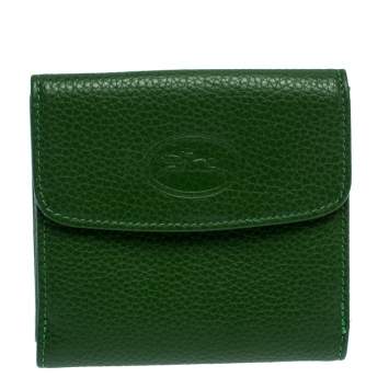 Pre Owned Longchamp Green Leather Flap Compact Wallet