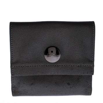 Pre Owned Longchamp Metallic Grey Leather Flap Button Compact Wallet