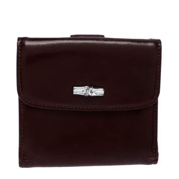 Pre Owned Longchamp Maroon Leather Roseau Compact Wallet