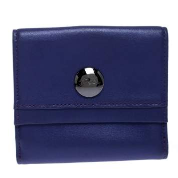 Pre Owned Longchamp Purple Leather Flap Button Compact Wallet